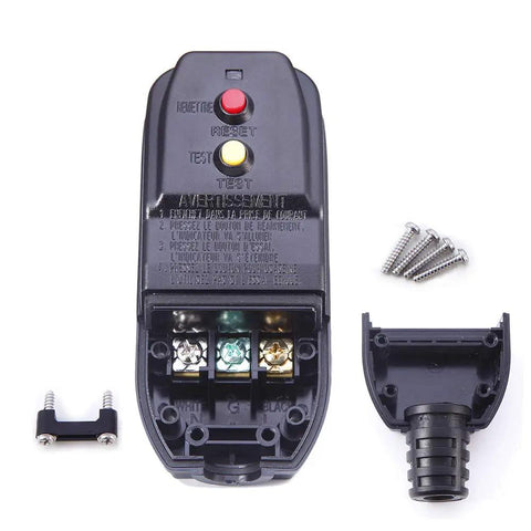 Close-up of GFCI Plug For Pressure Washer And Pool Pump No Sweat Auto Reset 15 Amp 120V, showing internal wiring and components.