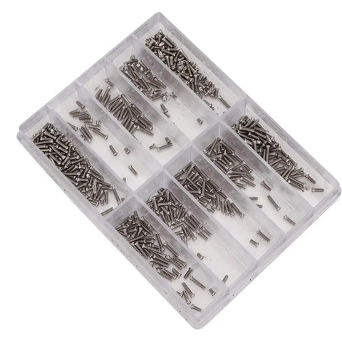 Pro Level Stainless Steel Crosshead Screws For Watch Case Back Repair With Several Precision Sizes Arranged Inside A Secure Labeled Storage Bin Silver Edition in clear plastic compartments.
