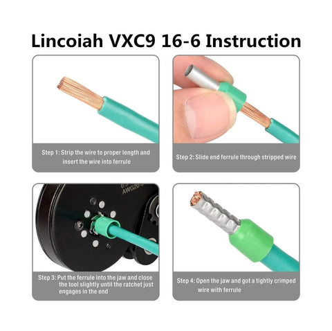 Super Versatile Wire Ferrule Crimping Tool Kit With Ergonomic Pliers And Hexagonal Dies For 0.08-16mm² Cables, Perfect Pro Gear For Electricians showing ferrule crimping steps on wire