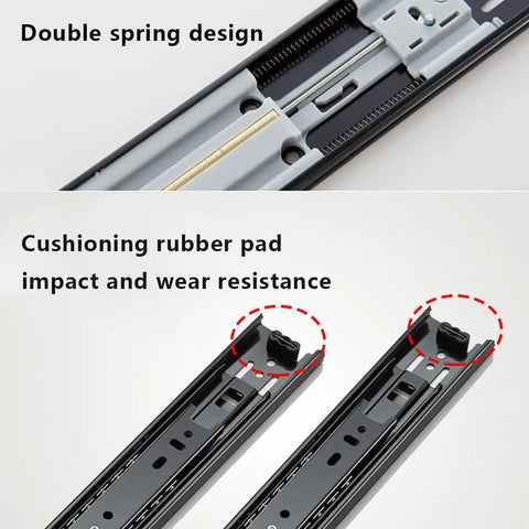 Ball Bearing Full Extension Drawer Slides With 3 Fold Telescopic Rails, side mount, showing double spring and rubber pad design