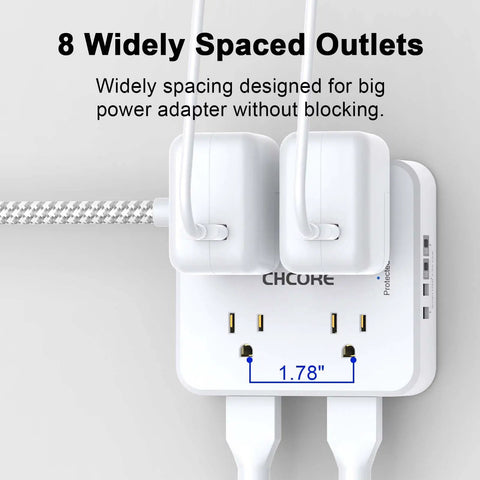 Zero Outlet Wars Boss Ready Surge Protector Power Strip With 8 Widely Spaced Outlets showing two large plugs fitted.