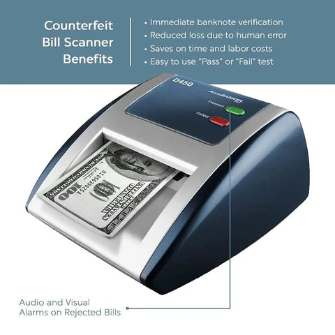 D450 Counterfeit Money Checker With Ultraviolet, Magnetic Ink, Infrared, features bill scanning with audio visual alerts.