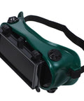 Industrial Grade Welding Goggles With Dual Flip Up Covers that sit hella comfy featuring an adjustable contour strap, side view.