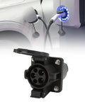 Type 1 EV Charging Socket Black AC Charger Connector SAE J1772 16A 32A IP54 close-up with plug attachment