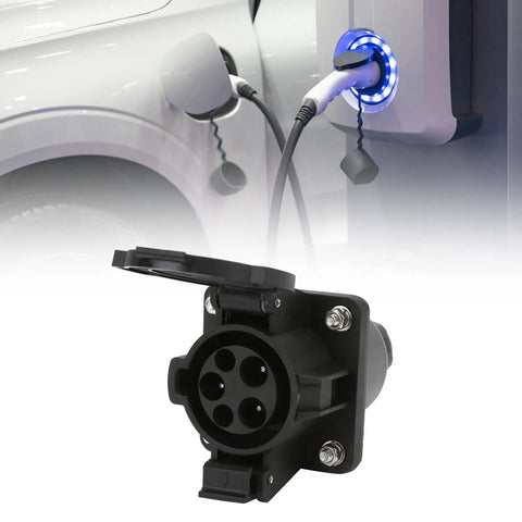 Type 1 EV Charging Socket Black AC Charger Connector SAE J1772 16A 32A IP54 close-up with plug attachment