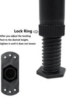 Close-up of 12 Piece Adjustable Bed Support Legs showing adjustable leveling foot and lock ring for 5.1 to 8.4 inch height.