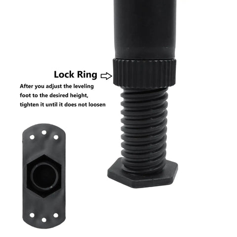 Close-up of 12 Piece Adjustable Bed Support Legs showing adjustable leveling foot and lock ring for 5.1 to 8.4 inch height.
