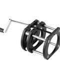 Close-up of Beefy Aluminum Router Table Base With Lift System showing 51mm stroke hand crank and 4 jaw clamping mechanism
