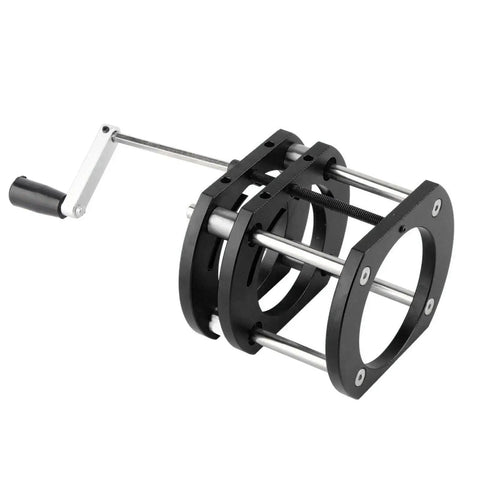 Close-up of Beefy Aluminum Router Table Base With Lift System showing 51mm stroke hand crank and 4 jaw clamping mechanism