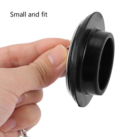 General Use Bath Tub Drain Stopper, with 10CM Chain, held in hand, small black rubber design for easy sealing.