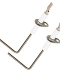 Furnace flame sensor replacement probes, two-pack, with white ceramic insulators and bent metal sensing rods, front view.