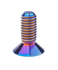 Close-up of a burnt blue Titanium Torx countersunk flat head bolt, M6 size, made of Grade 5 6Al4V titanium alloy, ultra light and high strength.