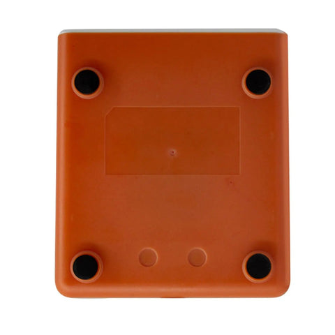 Bottom view of orange Desktop Barcode Scanner With Big Window And CMOS Sensor For Quick Auto Scan, QR Code Reader for retail use.