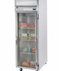 Heavy Duty Commercial Reach In Freezer With Full View Glass Door And Stainless Steel Finish, showcasing frozen meal boxes inside.