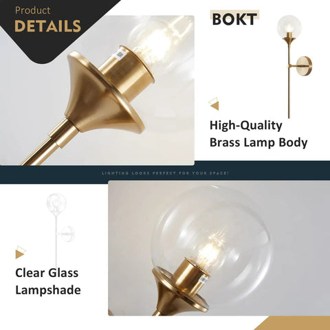 Glass Globe Wall Sconce In Brushed Brass With Clear Globe Mid Century Modern Bedroom Bedside Lighting details