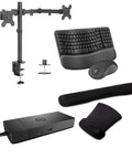 Sweet Work Setup Bundle Featuring One Thirty Watt Type C Dock Driving Dual Four K Monitors And Fast Ethernet Plus Snappy Keyboard Mouse Kit with Gel Wrist Pad and Heavy Duty Dual Arm Stand