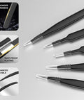 Close-up of black metal tweezers showing enhanced flexibility and rust-proof plating from Grab And Go All In One 12 Pack Precision Tweezers Set