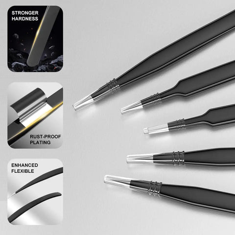 Close-up of black metal tweezers showing enhanced flexibility and rust-proof plating from Grab And Go All In One 12 Pack Precision Tweezers Set