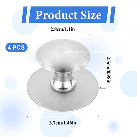 Four Pack Stick On Self Adhesive Cabinet Knobs Silver Stainless Steel Drawer Pulls with size details for glass cabinets.
