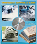 12-inch segmented diamond saw blade for concrete and stone; front view with granite, marble, and concrete samples.