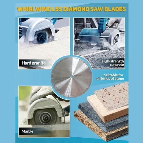 12-inch segmented diamond saw blade for concrete and stone; front view with granite, marble, and concrete samples.