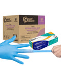 Heavy Duty Textured Nitrile Disposable Gloves Blue Medium 3.5 Mil Rugged Grip Workhorse Exam Gloves case with gloved hand