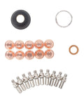 Top view of Plasma Cutter Consumables Kit 23 Piece Set With 10 Nozzles 10 Electrodes 1 Cup 1 Bracket And Swirl For Torch Maintenance.