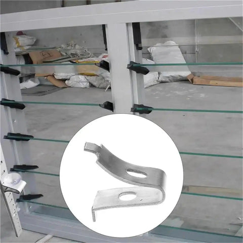 Heavy Duty Metal Partition Shelf Bracket Clips For Glass And Wood Panels 200 Pack Anti Oxidation Solid Bearing Frame Rust Resistant Mounting Hardware For Secure Shelf Support shown with glass panel mount.