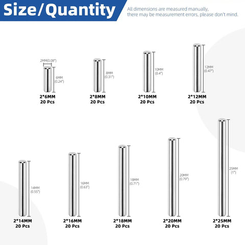 Built Tough Stainless Steel Dowel Pins Assortment Featuring 180 Pieces Of M2 Cylindrical Pegs And Shelf Support Rods For Garage Builds And Shop Fixes Plus Smart Storage Case sizes and quantities