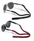 Black and red eyeglass chains attached to sunglasses, Durable Adjustable Eyeglass Chains For Men And Women Keep Your Specs Secure During Sports With Unisex Sunglasses Holder Straps No More Lost Glasses 2 Pack on a white surface.
