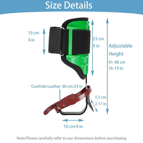 Adjustable Tree Climbing Spikes Set size details with carbon steel spikes, leather straps, and comfort pads for safe climbing.