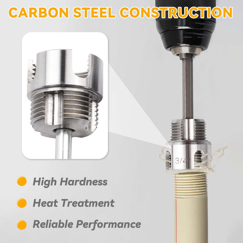 Dual Function PVC Pipe Threader Set For Internal And External Threads, Fits One Half Inch, Three Quarter Inch, And One Inch Pipes, Electric Drill Compatible Water Pipe Thread Cutting Kit For Easy Home Repairs, DIY Friendly By Yakamoz steel threading close-up on pipe