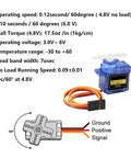 Blue SG90 micro servo motor with white plastic arm and three-wire connector cable