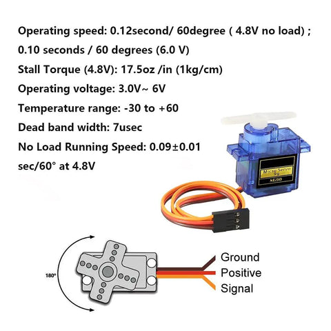 Diagram of Four Pack 9G Micro Servo Motors SG90, showing speed, torque, voltage, and wiring for Arduino and RC hobby projects.