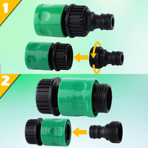 Six Sets Garden Hose Quick Connectors, 3/4 Inch Plastic Hose Fittings with snap on male and female adapters.