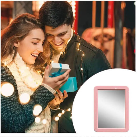 Couple with gift beside Magnetic Locker Mirror 5x7 Inches Real Glass With Strong Magnetic Backing Pink Small Mirror