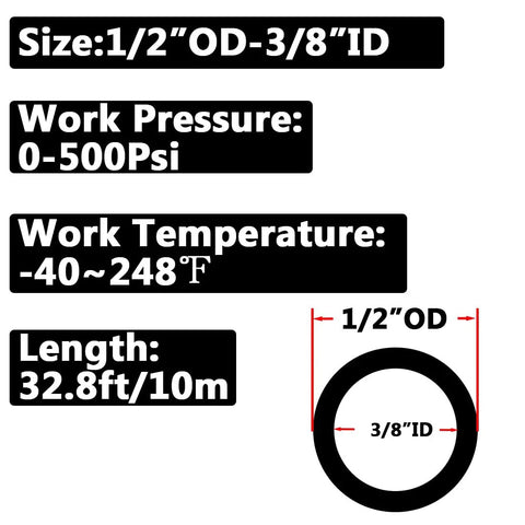 Heavy Duty Half Inch Air Line Tube Nylon SAE J844 For Air Brake Systems And Fluid Transfer 32.8 Feet Black Works With 0 To 500 Psi Burst 800 Psi Wide Temperature Range From Minus 40 To 248 Degrees Fahrenheit Built Tough specifications diagram.
