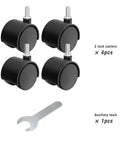 4-pack of 2-inch black nylon casters with M8 threaded stems; front view, includes small wrench