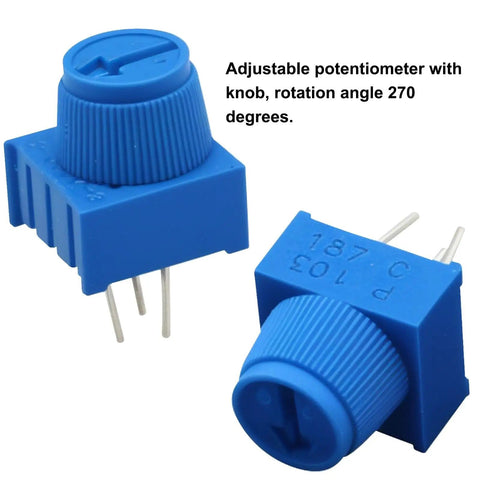 Adjustable potentiometer with blue knob from 24 Pack 10K Ohm Breadboard Trim Potentiometer Set With Blue Knob Variable Resistors