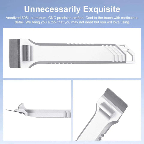 All-Purpose 3D Printer Scraper Tool Kit with anodized handle and SK5 blade, side and angled views highlighting design features.