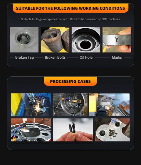 Images showing the Portable Spark Erosion Tap Remover 3000W 110V EDM Machine For M2 To M48 Broken Taps Drills And Screws in various uses like removing screws from metal.