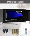 Electronic Digital Security Safe With Induction Light No Nonsense Tough Steel Build For Home Office Or Hotel Wall Or Cabinet Mountable 0.4 Cubic Feet Black, displaying interior and dimensions, with keys and batteries