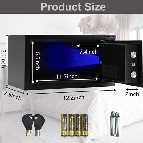 Electronic Digital Security Safe With Induction Light No Nonsense Tough Steel Build For Home Office Or Hotel Wall Or Cabinet Mountable 0.4 Cubic Feet Black, displaying interior and dimensions, with keys and batteries