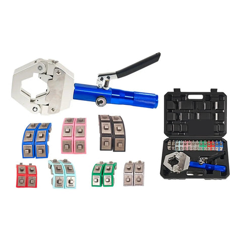 Heavy Duty Hydraulic Crimping Tool Kit With Bench Mount Stand For Hose Repairs, includes versatile handheld machine and fittings.