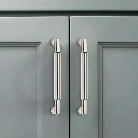 Heavy Duty 10 Pack Six Inch Hole Center Cabinet Pulls Polished Nickel Zinc Alloy Handles on gray cabinet doors