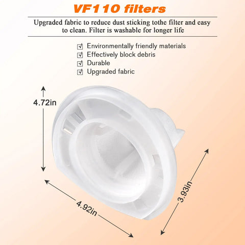 12 Pack VF110 Vacuum Filter Replacement For Black And Decker Handheld Vacuums No Fuss Design Easy Snap In Fit with dimensions.