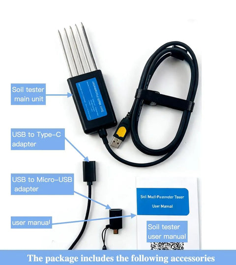 8 In 1 Soil Tester For NPK PH Moisture EC Conductivity And Fertility with USB adapters and user manual