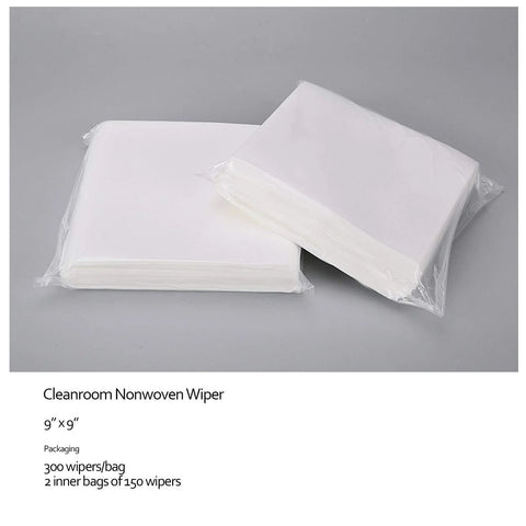 Two packs of cleanroom nonwoven wipes, 9x9 in, white cellulose/polyester blend, 300 wipes per bag