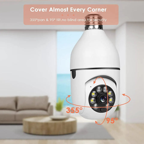Two Pack 360 Degree Wireless Light Bulb Cameras For Indoor And Outdoor Use with 355° pan and 95° tilt in a living room setup.