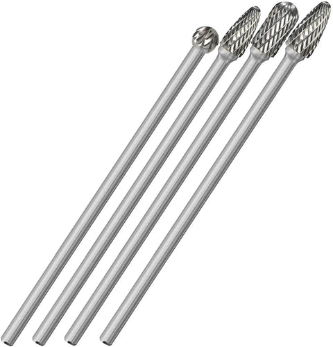 Long Carbide Burr Set For Die Grinder, Four Pieces, One Quarter Inch Shank, Total Length 6.1 Inches, Rotary Rasp Bits